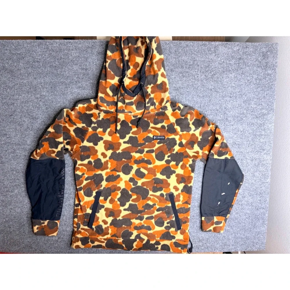 Columbia Mens M Duck Camo Fleece Hoodie Orange Brown Pullover Workwear
